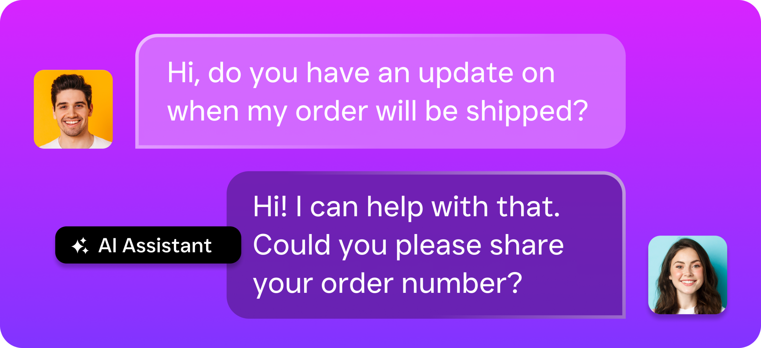 A chat-style graphic shows a customer asking about an order shipment and an AI assistant replying.