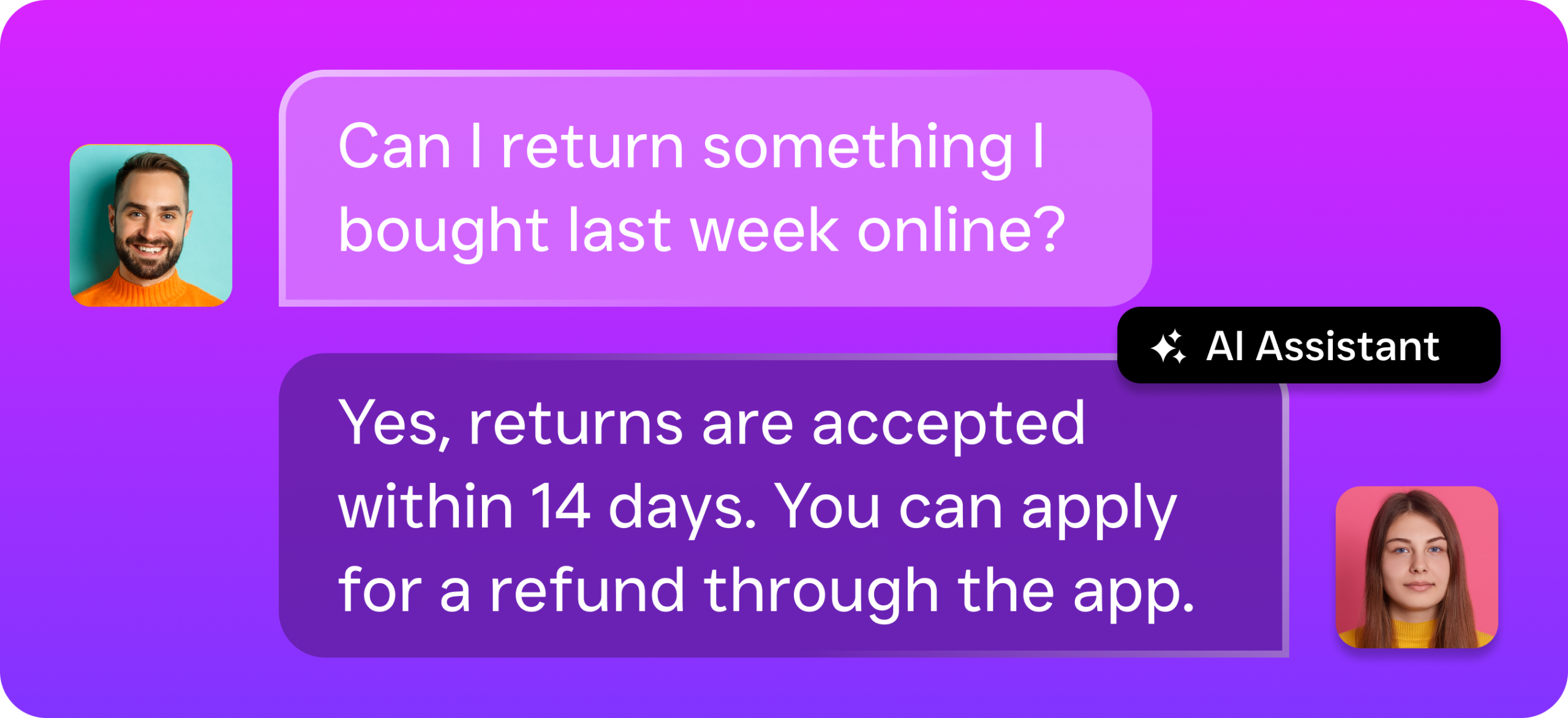 A customer asks about returning an online purchase and the AI assistant explains the return and refund policy.