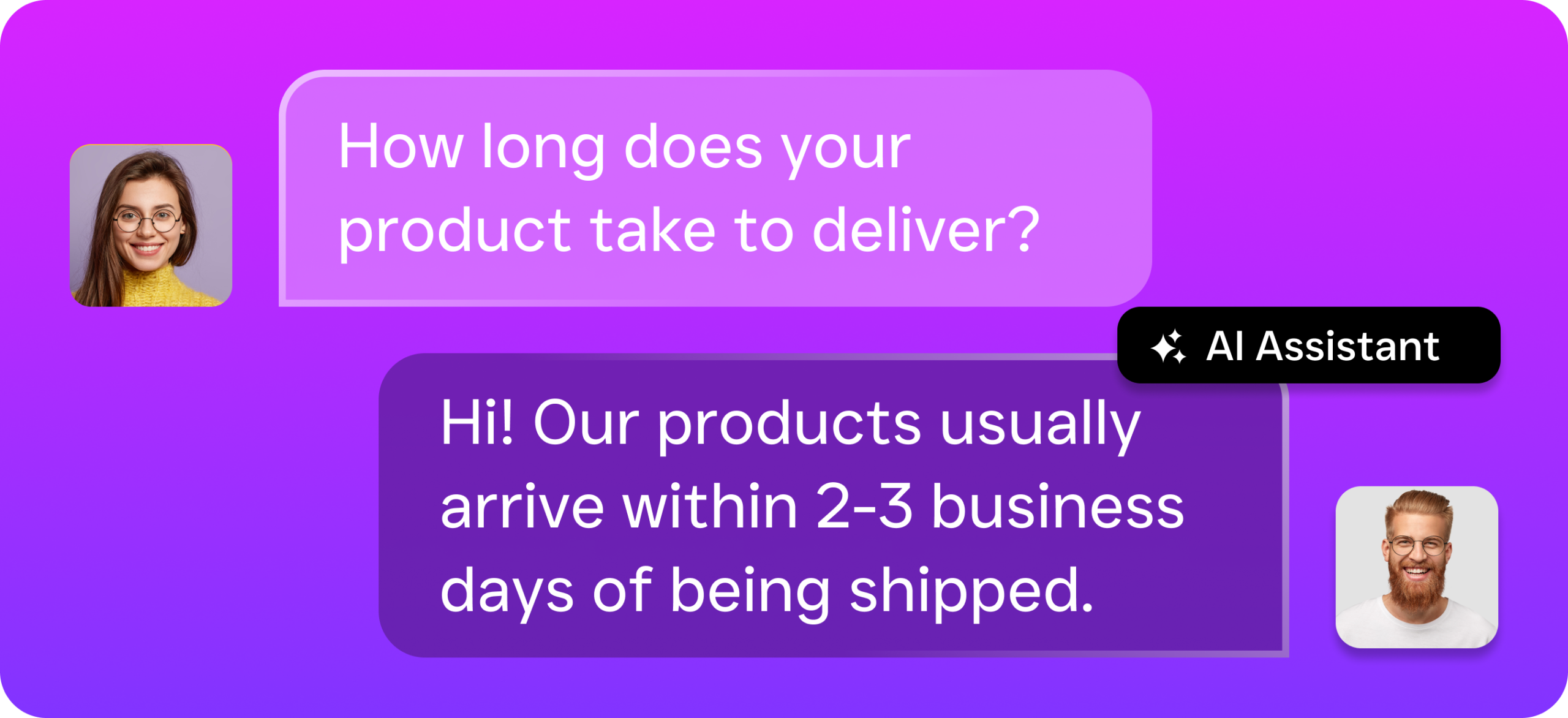A chat graphic shows a customer asking about delivery time and an AI assistant replying.