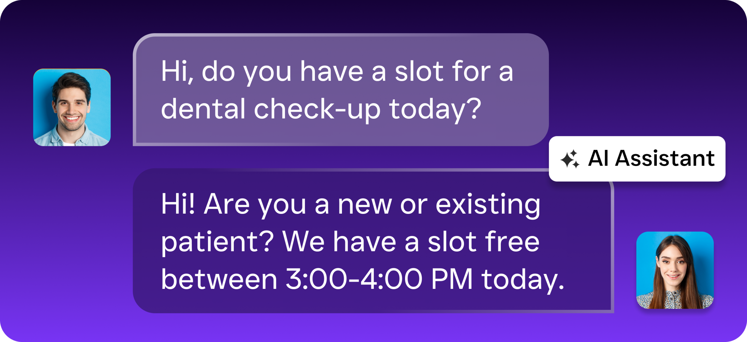 A customer asks for a dental appointment and an AI assistant replies with an available time slot.