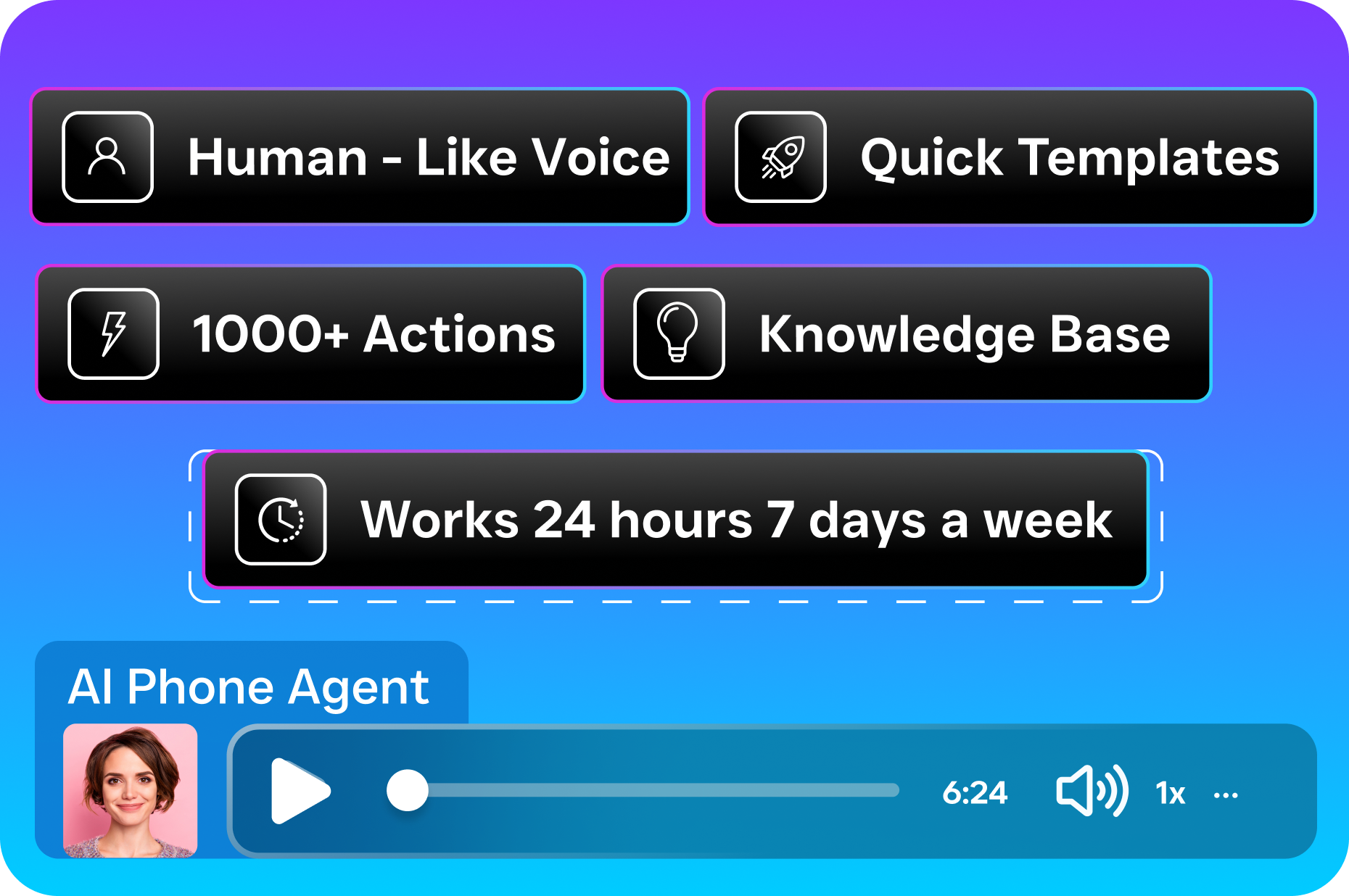 A promotional graphic highlights the AI phone agent's key features and includes an audio player interface.