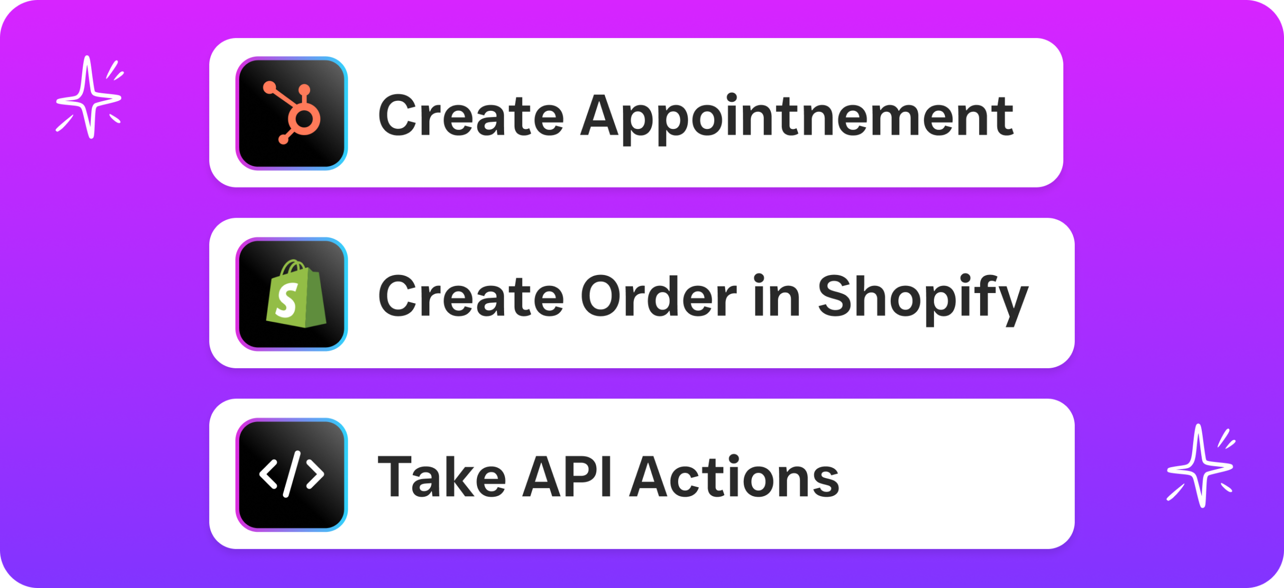 A feature graphic lists example actions such as creating appointments, Shopify orders, and API actions.