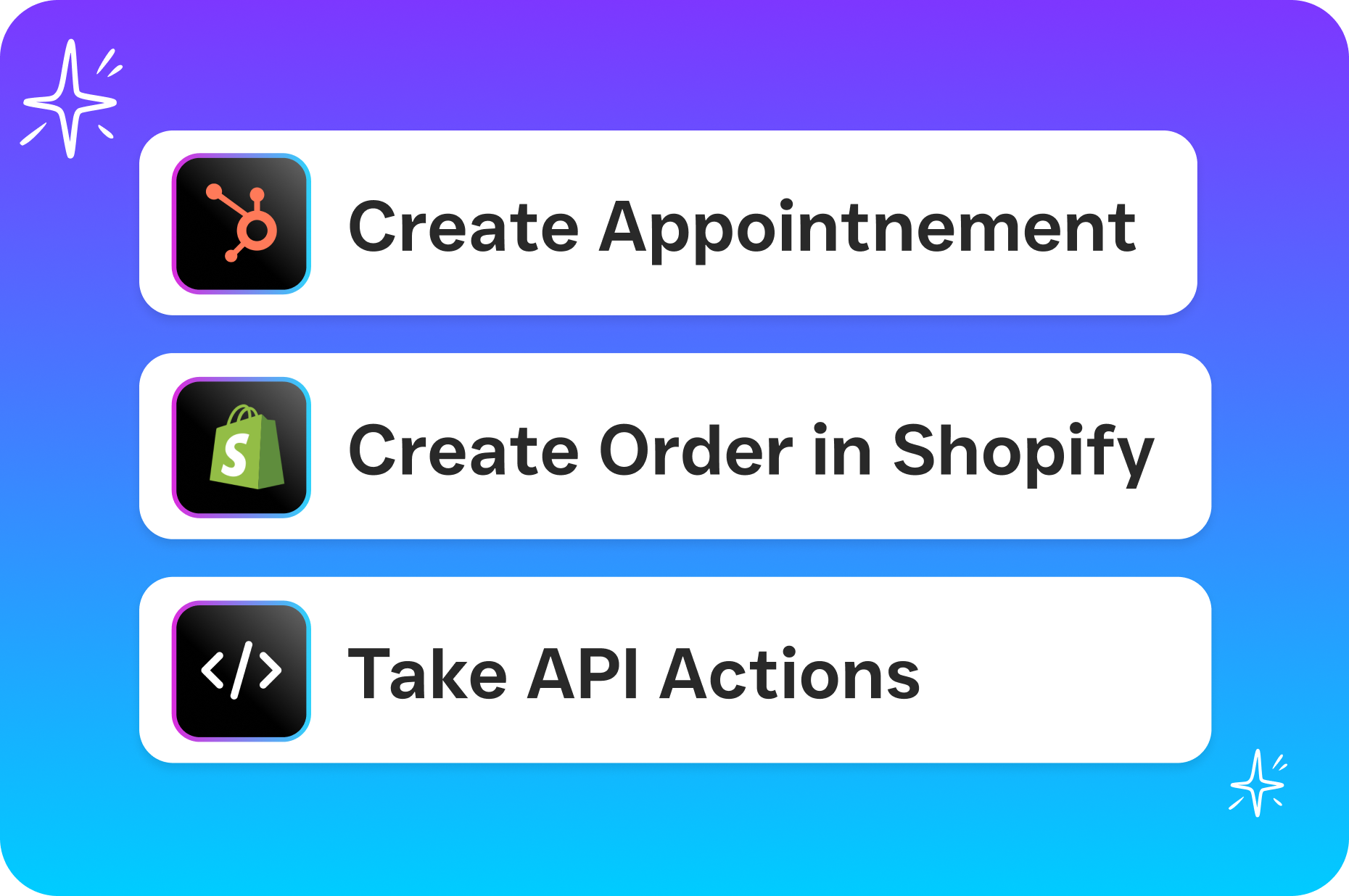 A feature list presents three action types: creating appointments, creating Shopify orders, and taking API actions.
