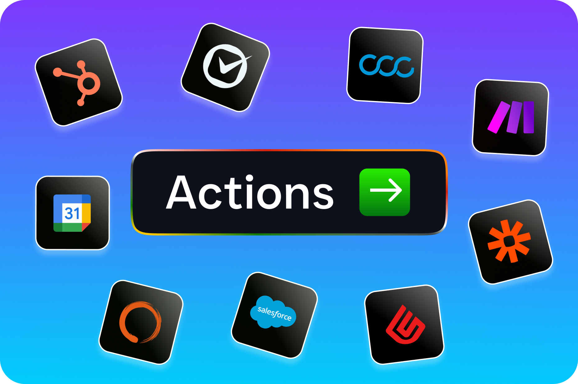 A central actions graphic is surrounded by multiple third-party integration app icons