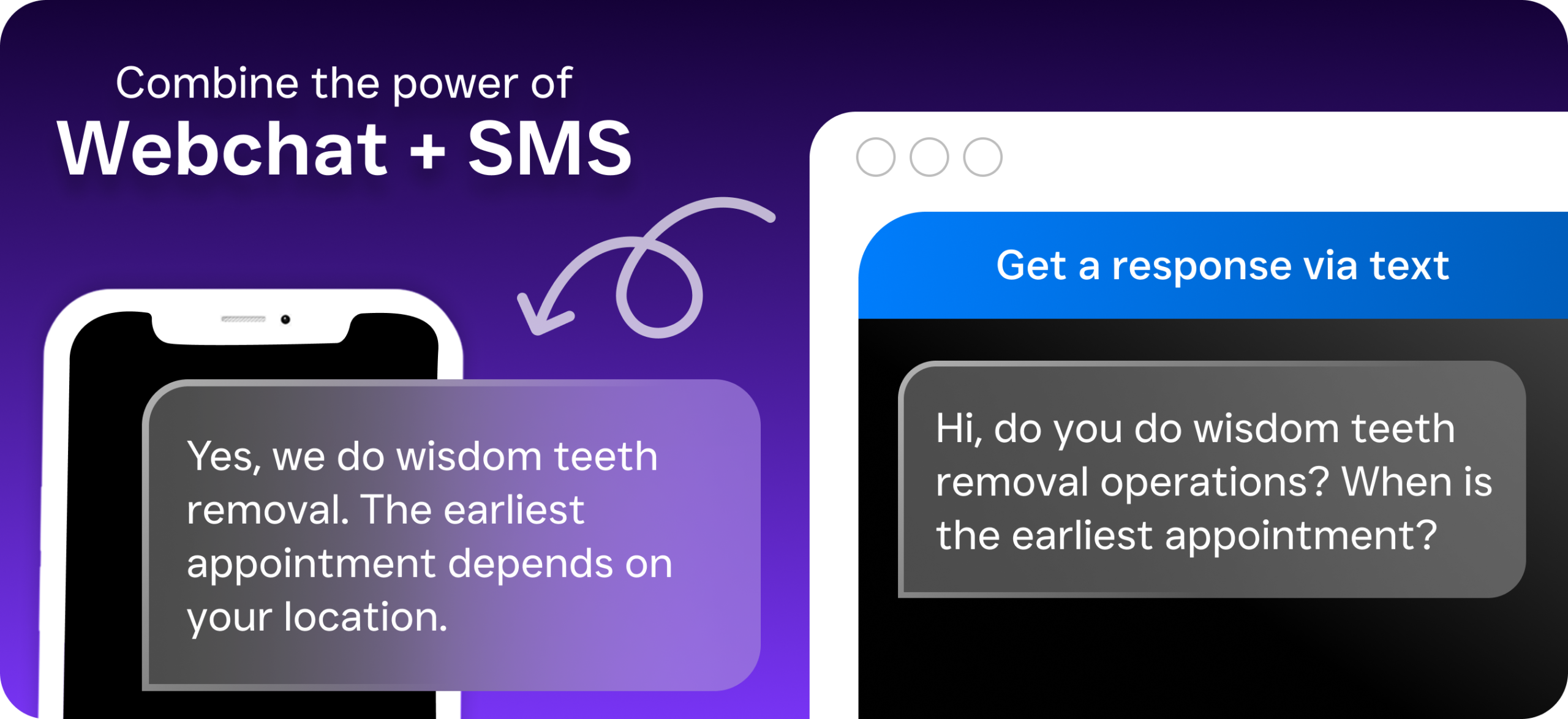 A promotional graphic shows a customer asking about wisdom teeth removal through webchat and receiving a text response.