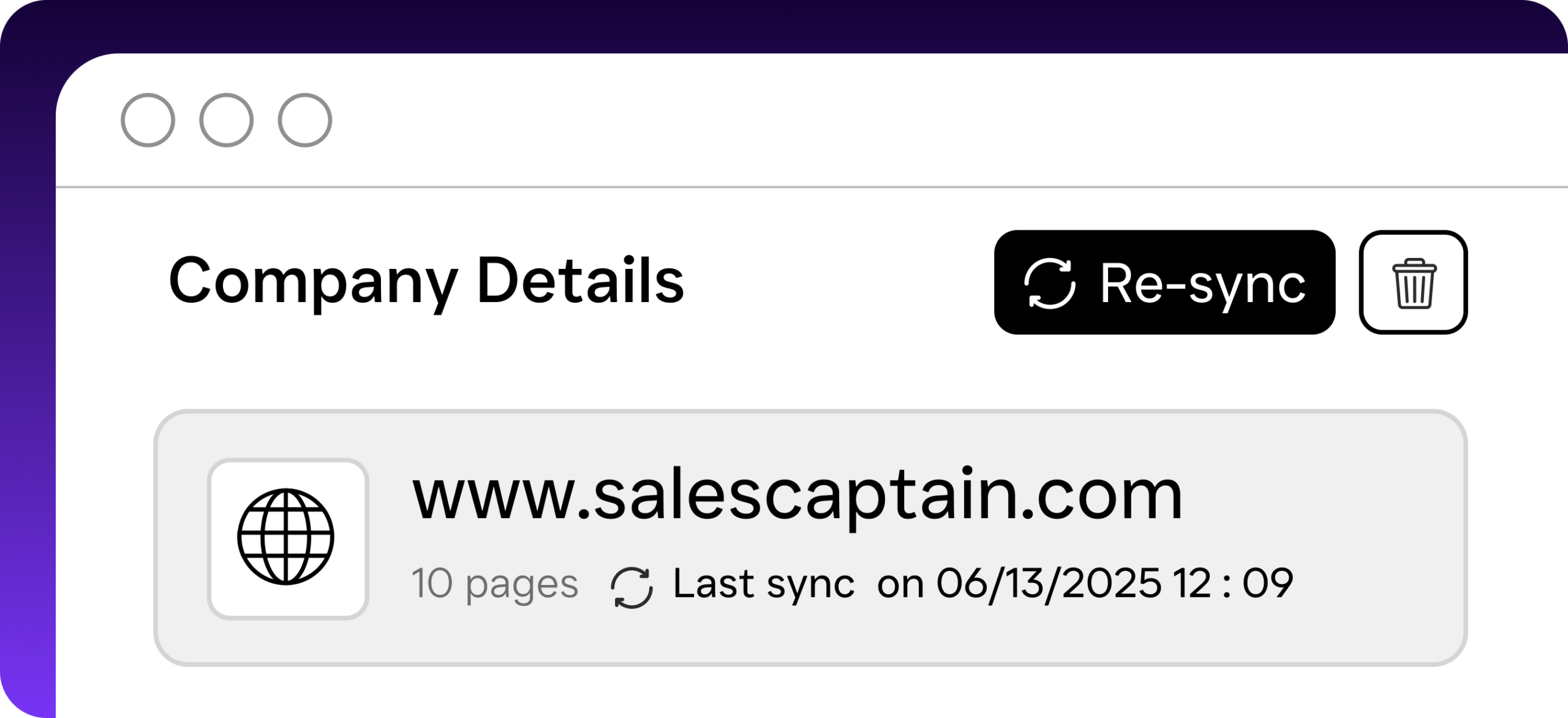 A company details screen displays a synced website source with re-sync and delete options.