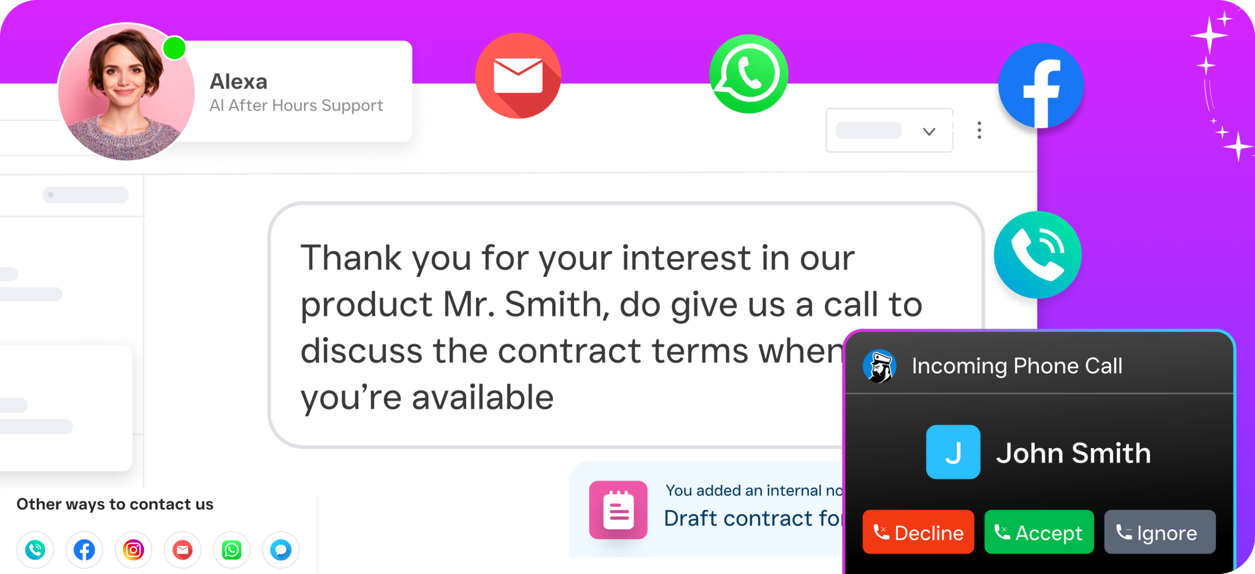 A support dashboard shows an AI after-hours message, an internal note, and an incoming phone call from John Smith.