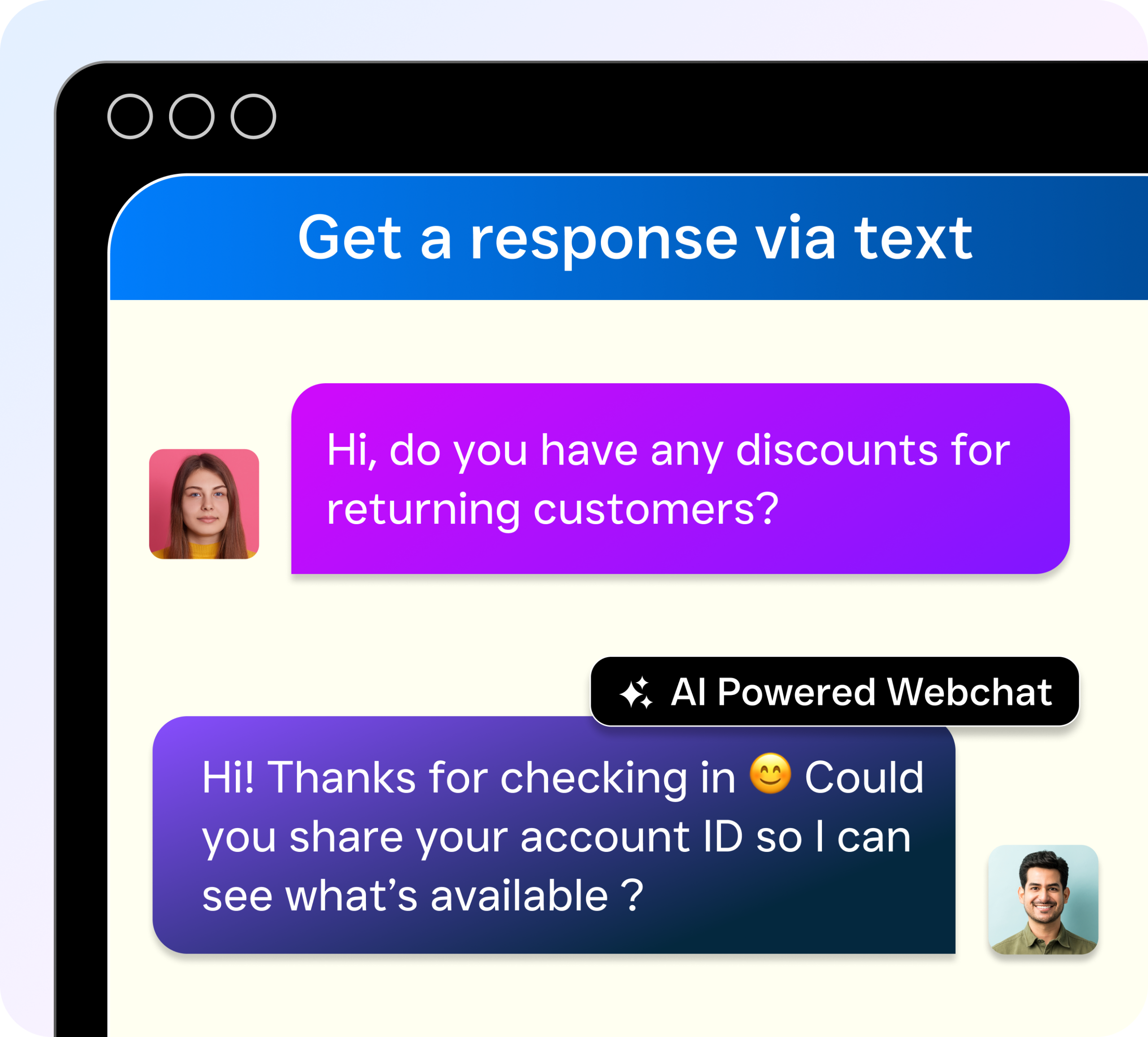 A chat-style mockup shows a customer message and an AI webchat reply inside a browser window.
