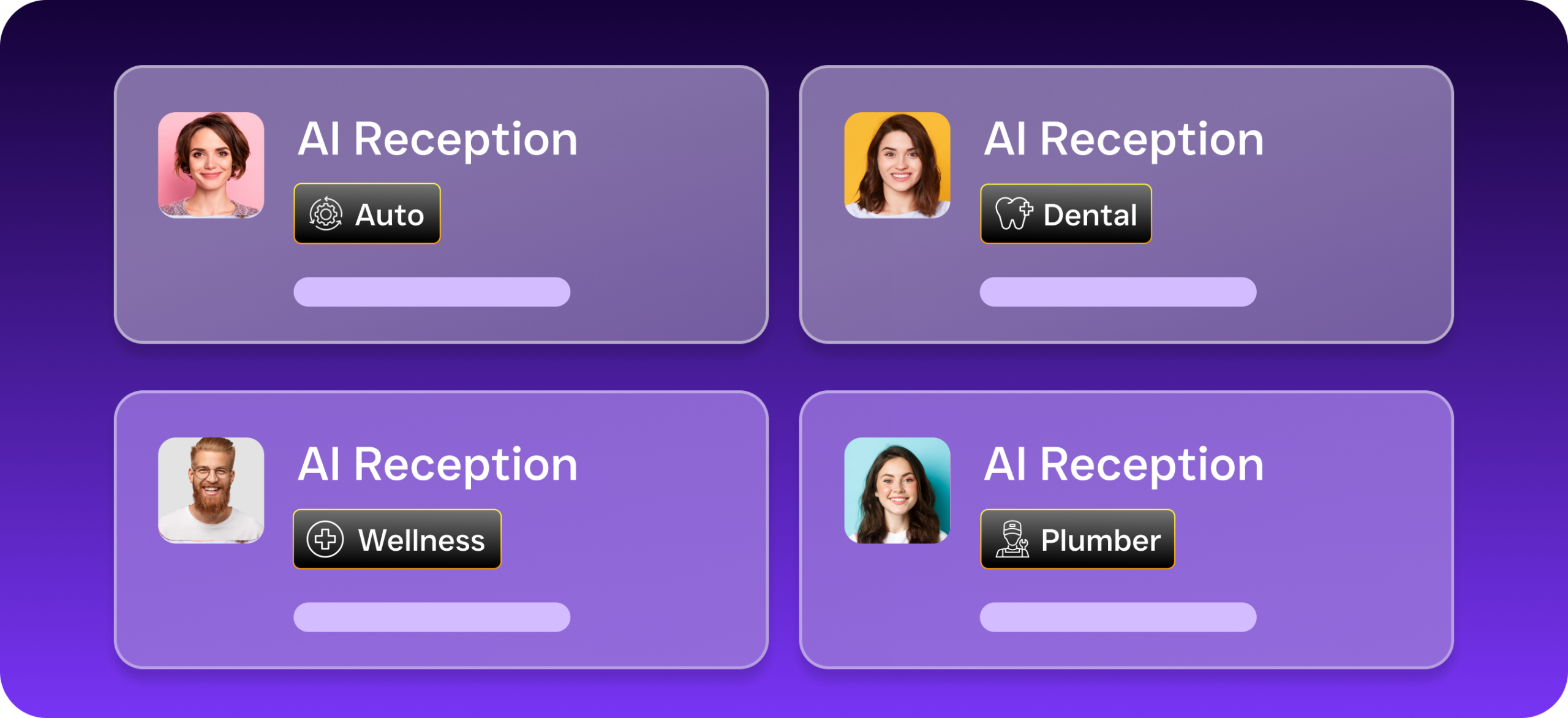 Four AI reception cards show different industry-specific agent types including auto, dental, wellness, and plumber.