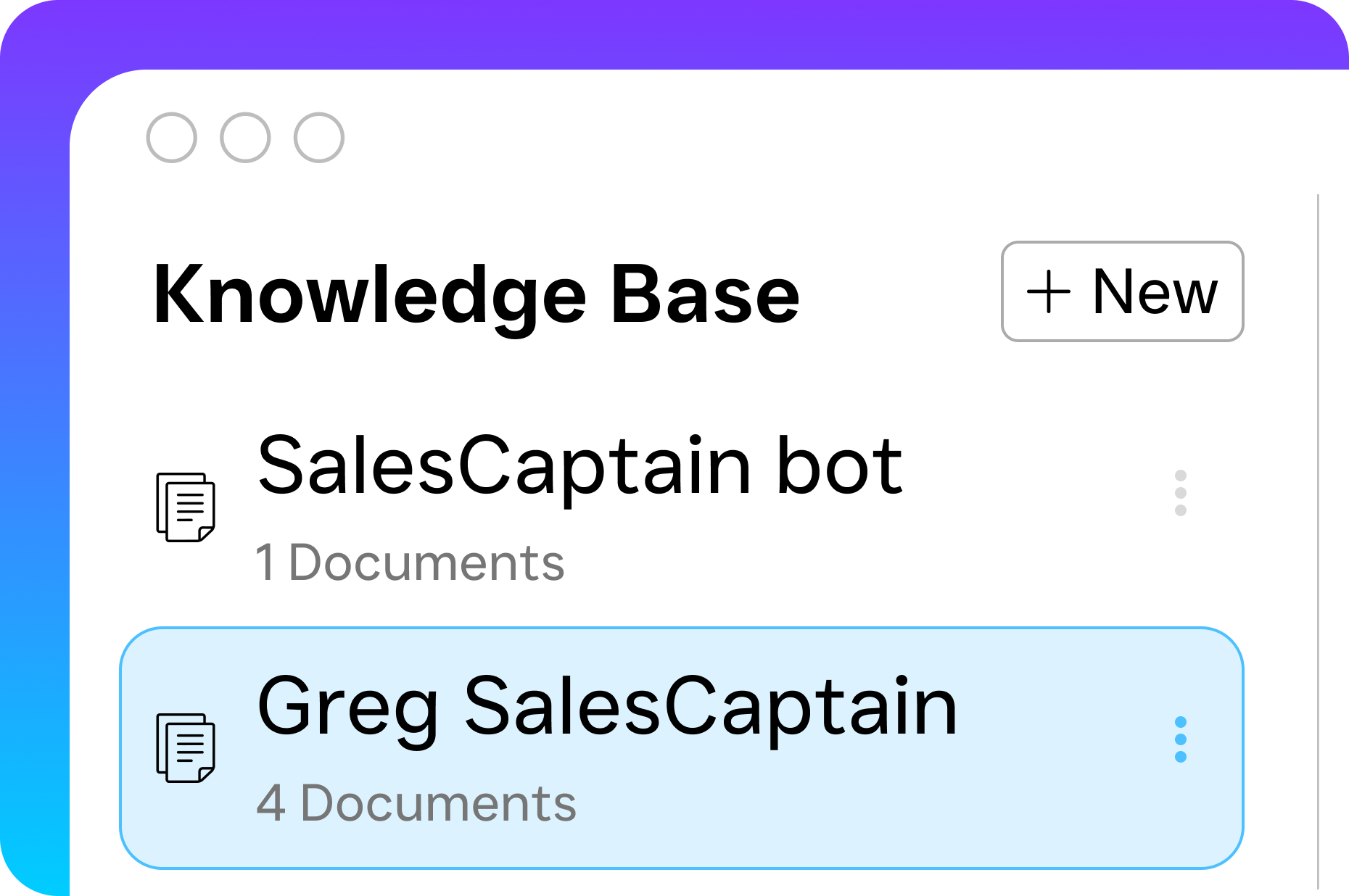 A knowledge base page lists available bots including SalesCaptain bot and Greg SalesCaptain.
