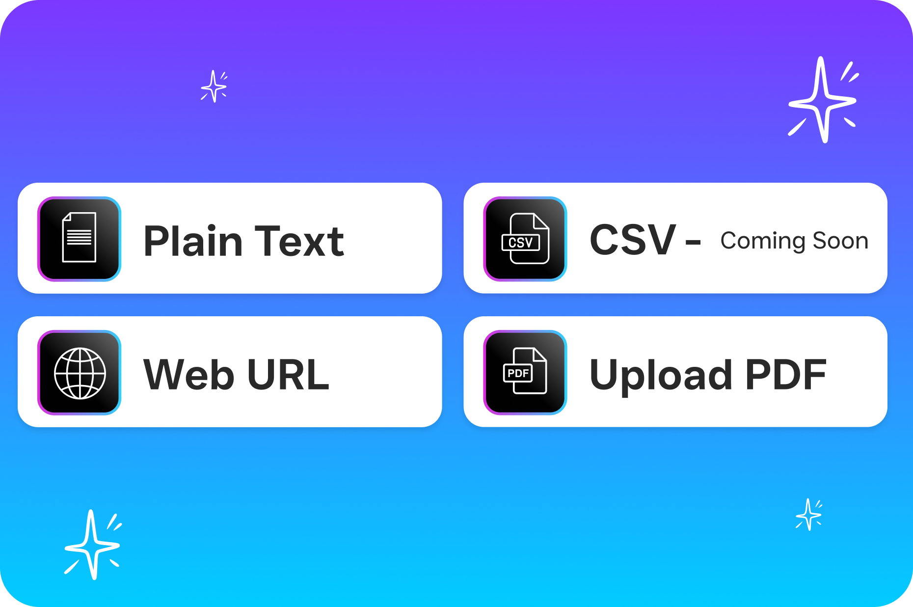 A feature panel shows different ways to add knowledge base content including text, URL, CSV, and PDF.