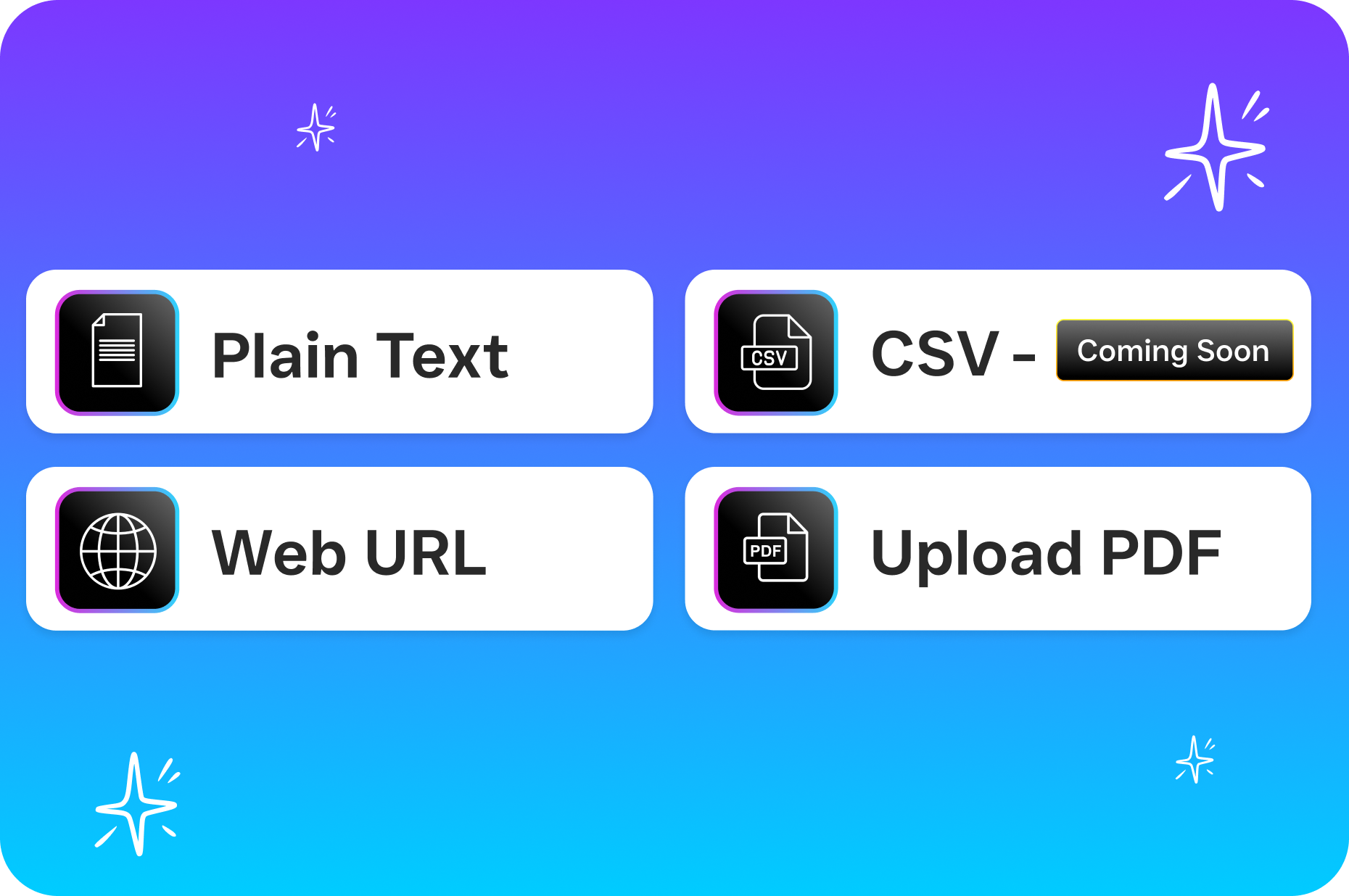 A panel shows available knowledge base source types including plain text, CSV, web URL, and PDF upload.