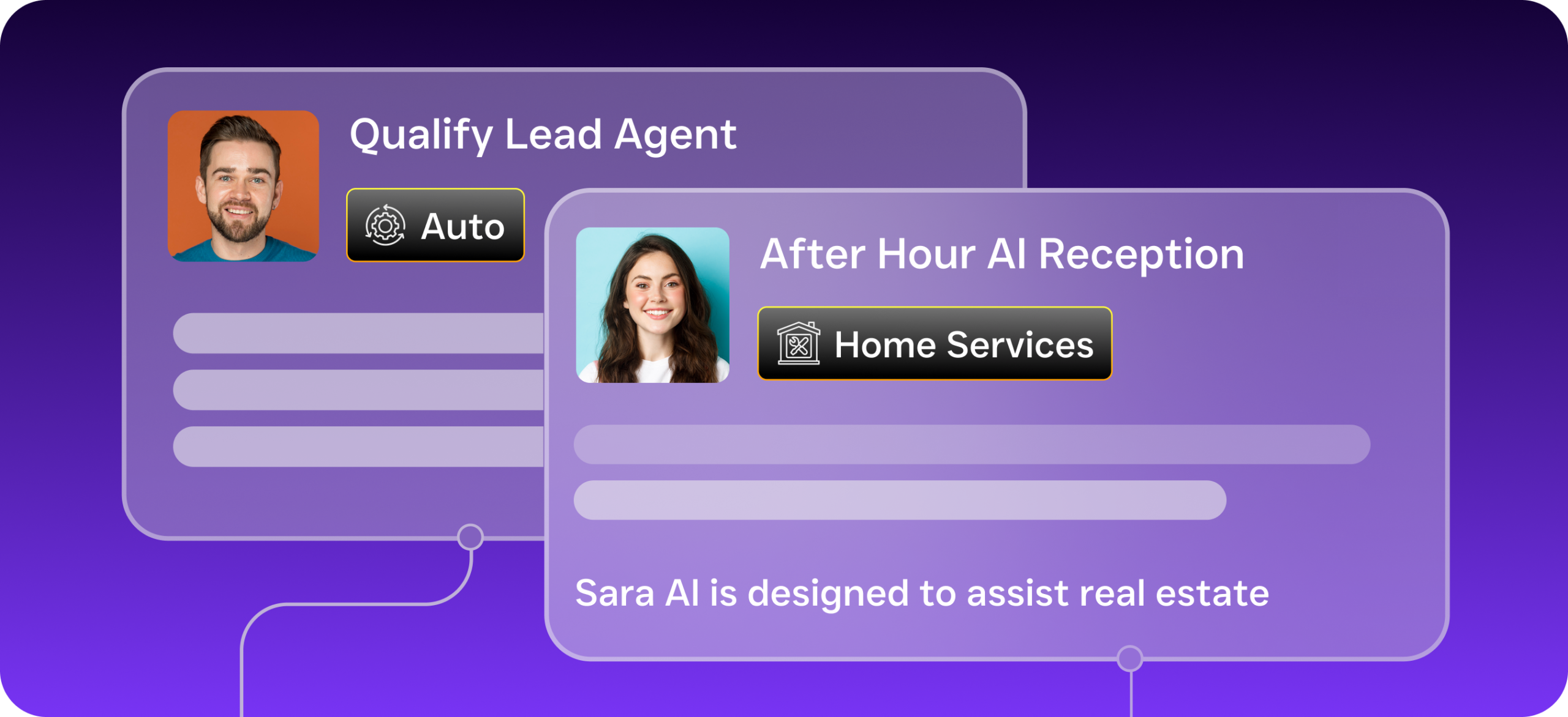 Two AI cards show a qualify lead agent and an after-hour AI reception agent for home services.