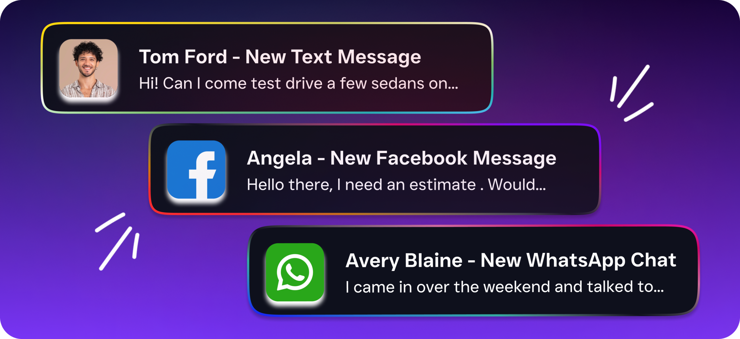 Three dark notification cards display incoming text, Facebook, and WhatsApp messages from different contacts.