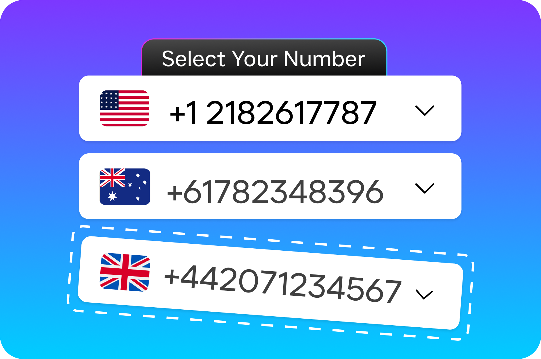 A number selection interface displays multiple international phone numbers with country flags.