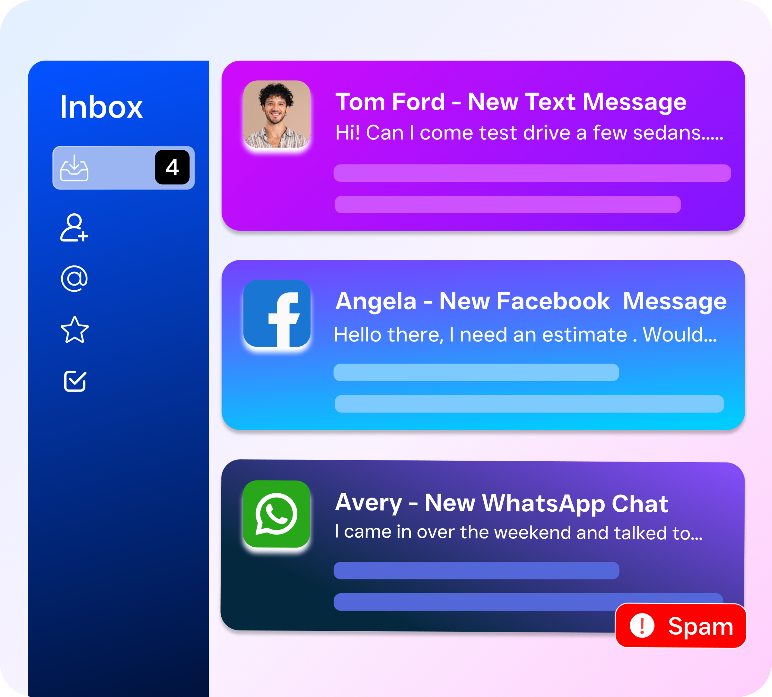 A multichannel inbox interface shows text, Facebook, and WhatsApp messages together, with one conversation marked as spam.