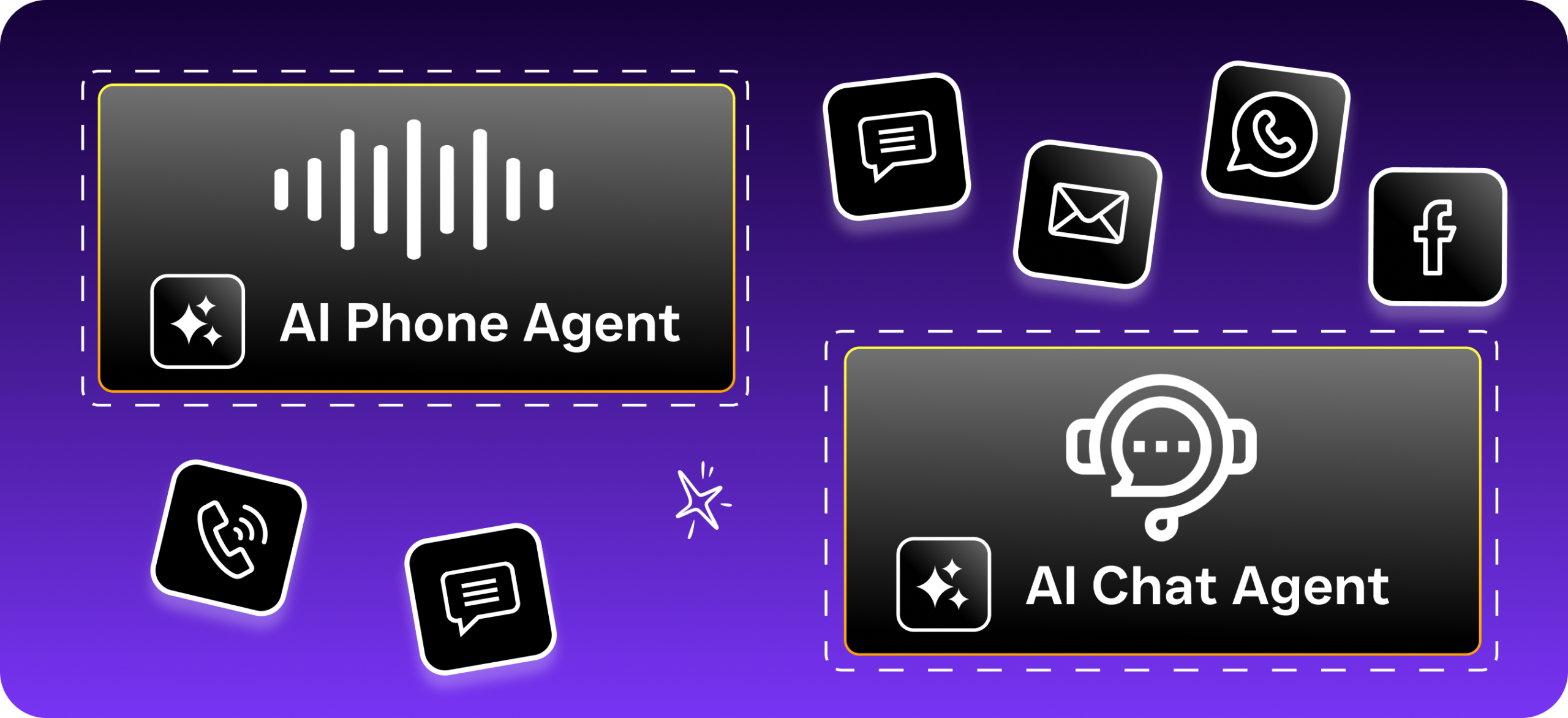 A graphic showcases both an AI phone agent and an AI chat agent surrounded by communication channel icons.