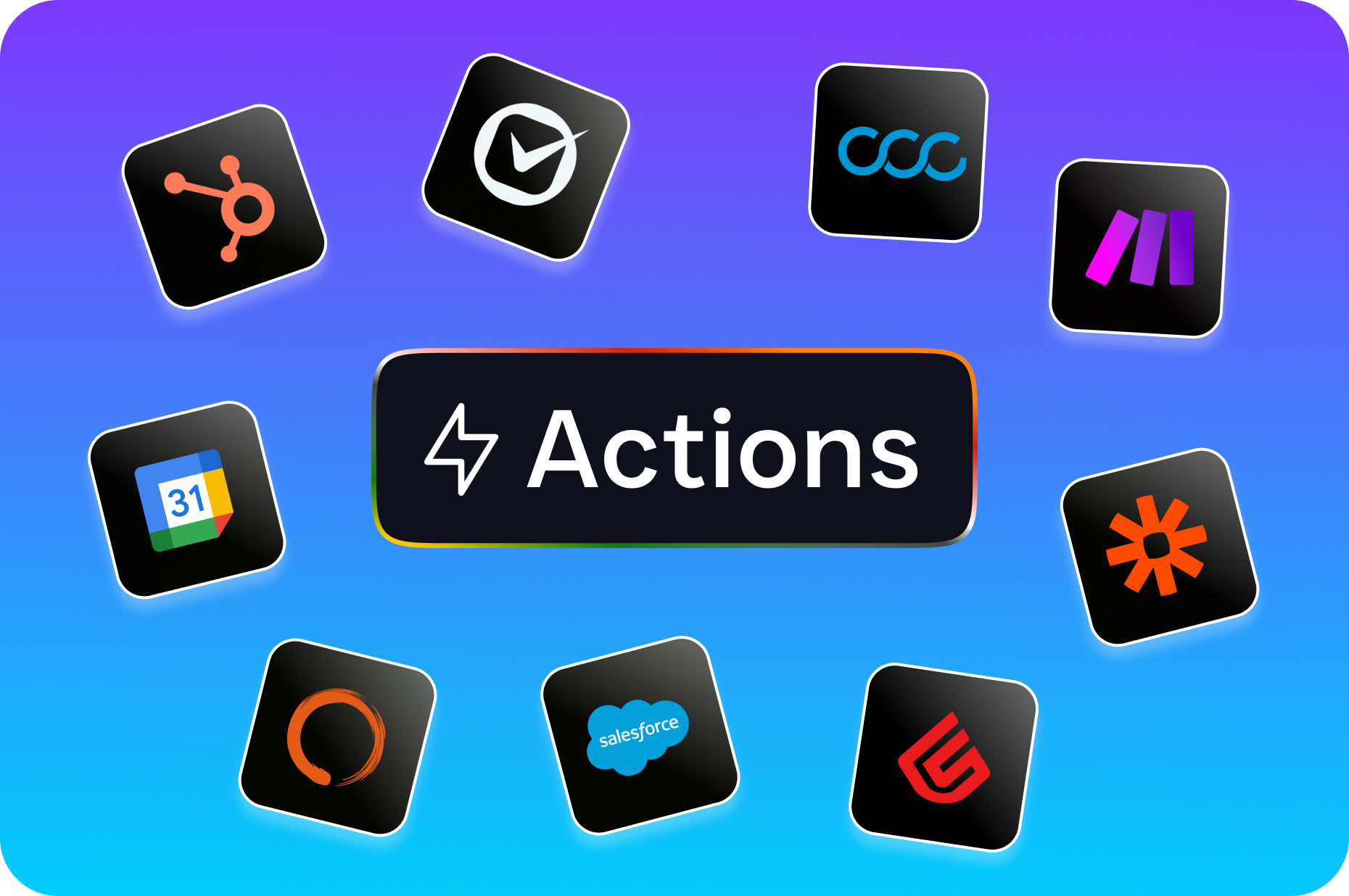 A large actions panel is surrounded by multiple third-party integration icons including Salesforce.