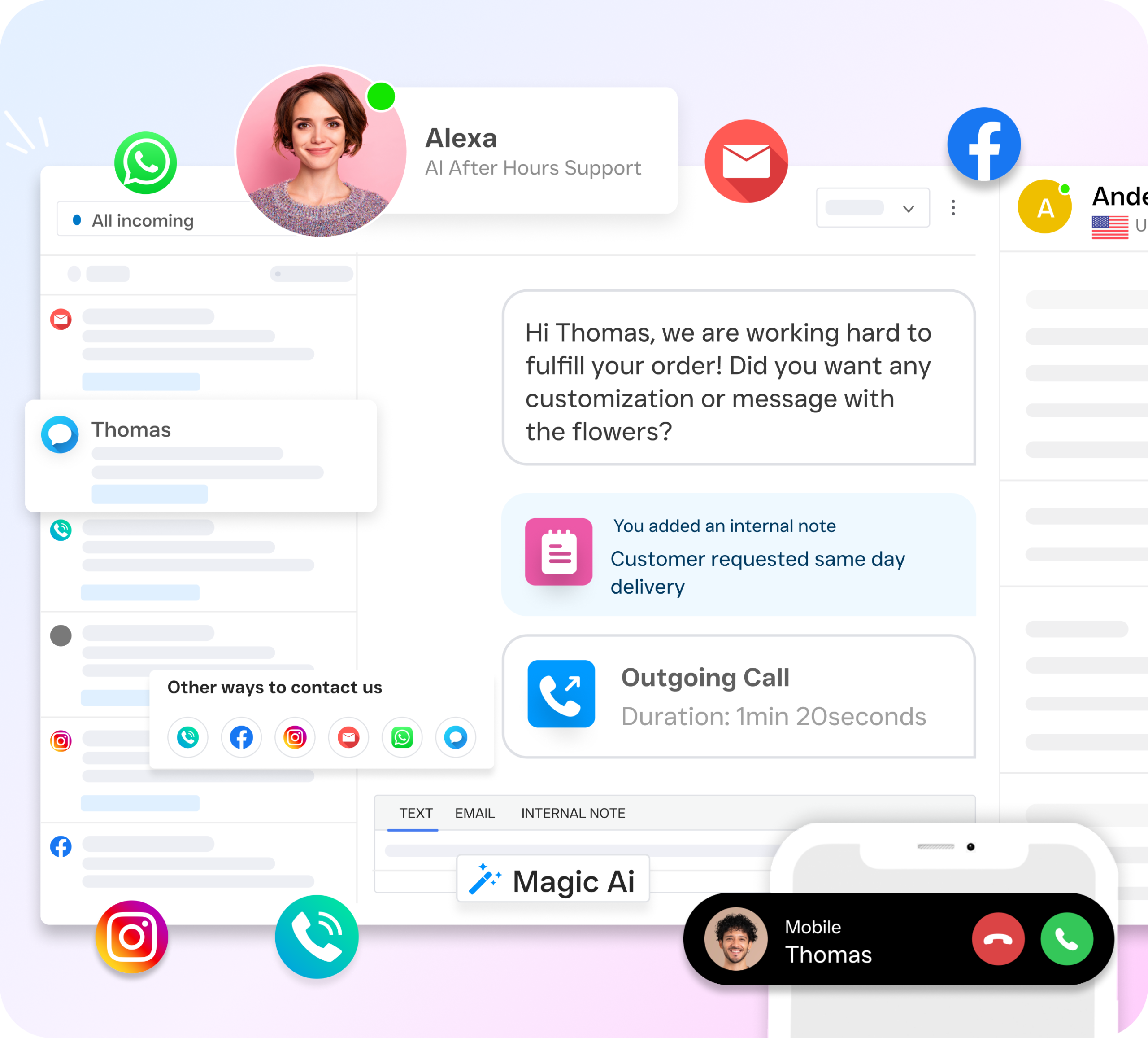 A multichannel inbox interface shows an AI after-hours support agent handling a customer conversation and call activity.