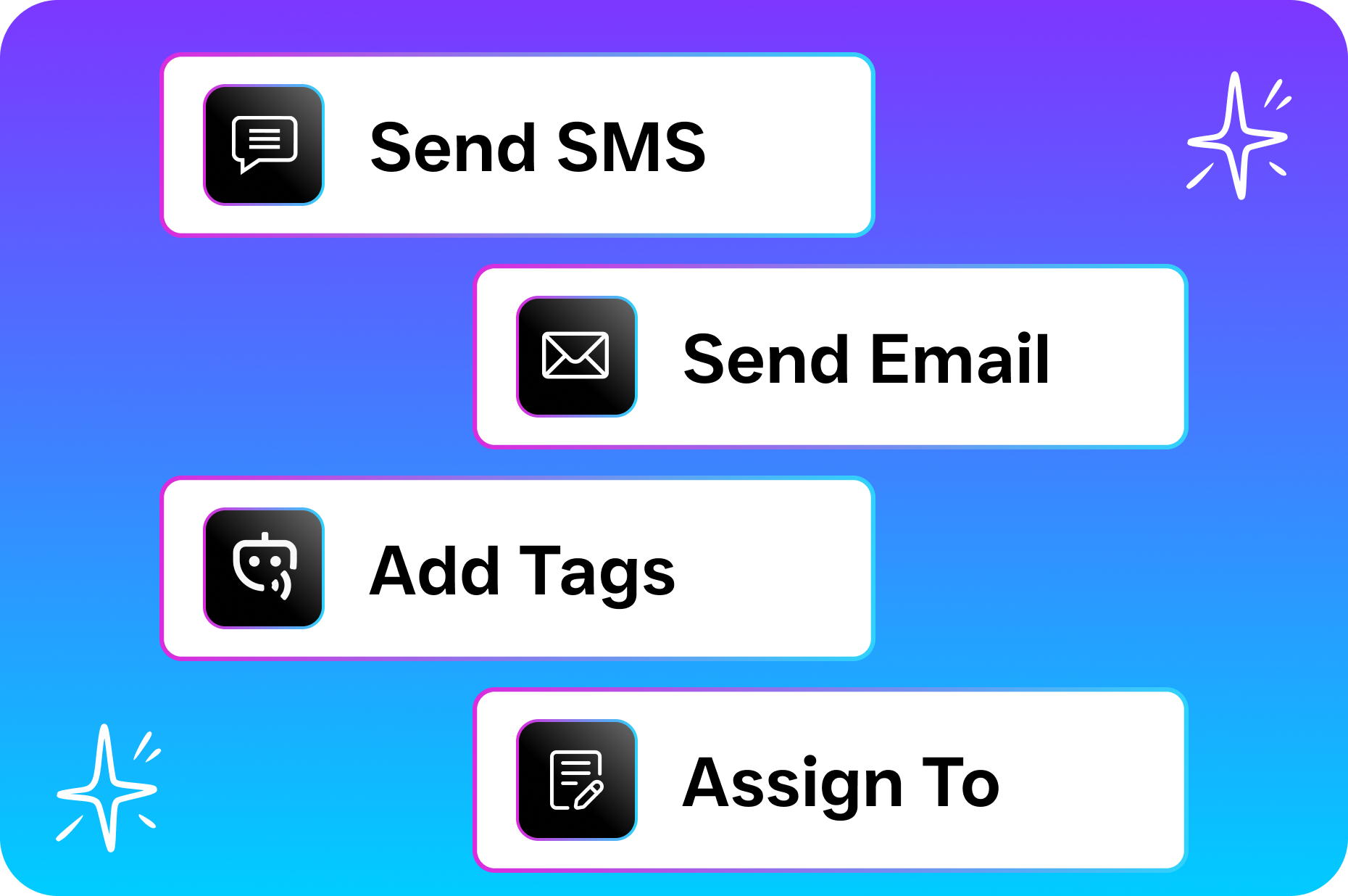 A feature panel lists campaign action options including SMS, email, tags, and assignment.