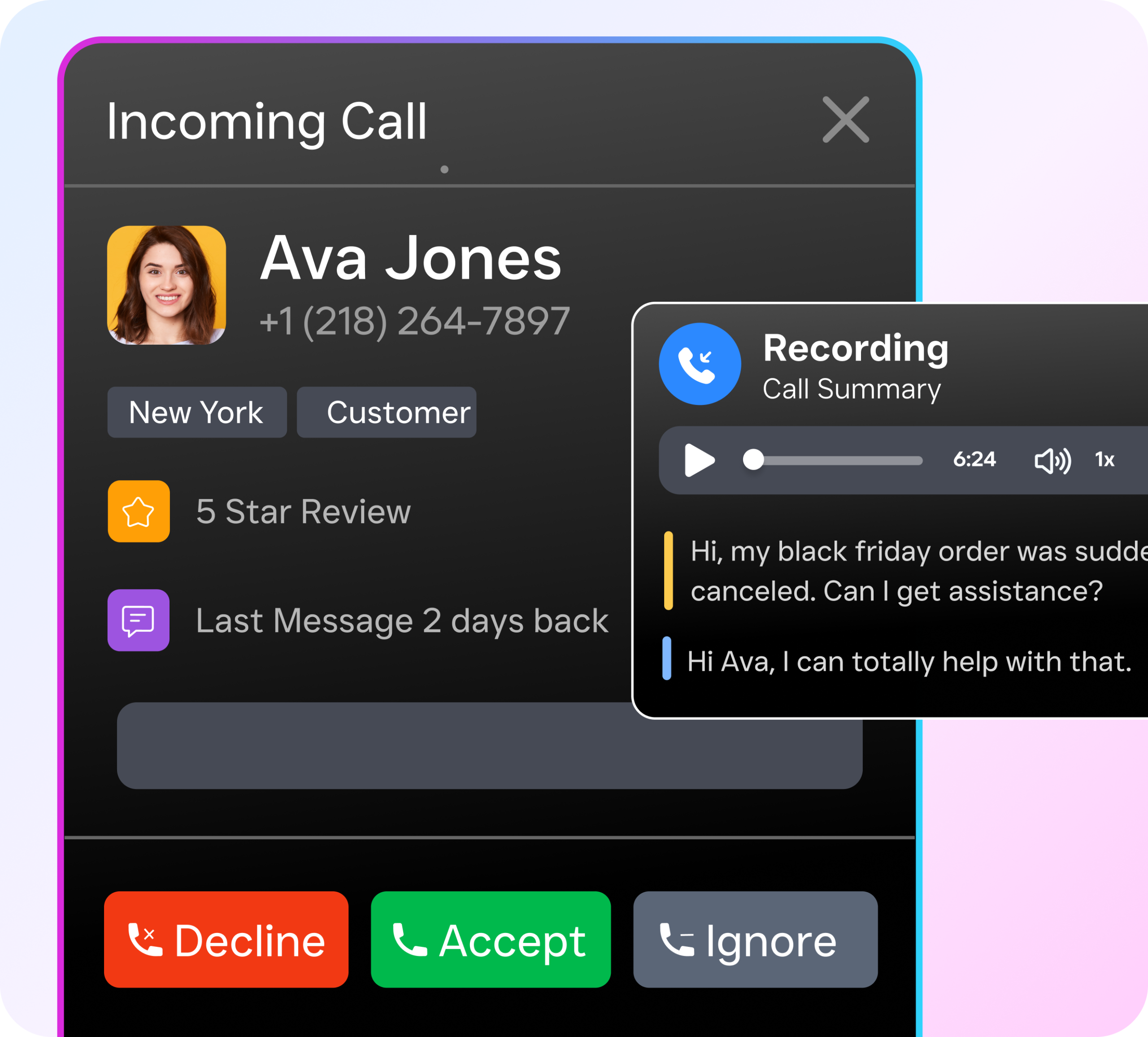A call screen shows an incoming customer call with caller details, review info, and a recording summary popup.