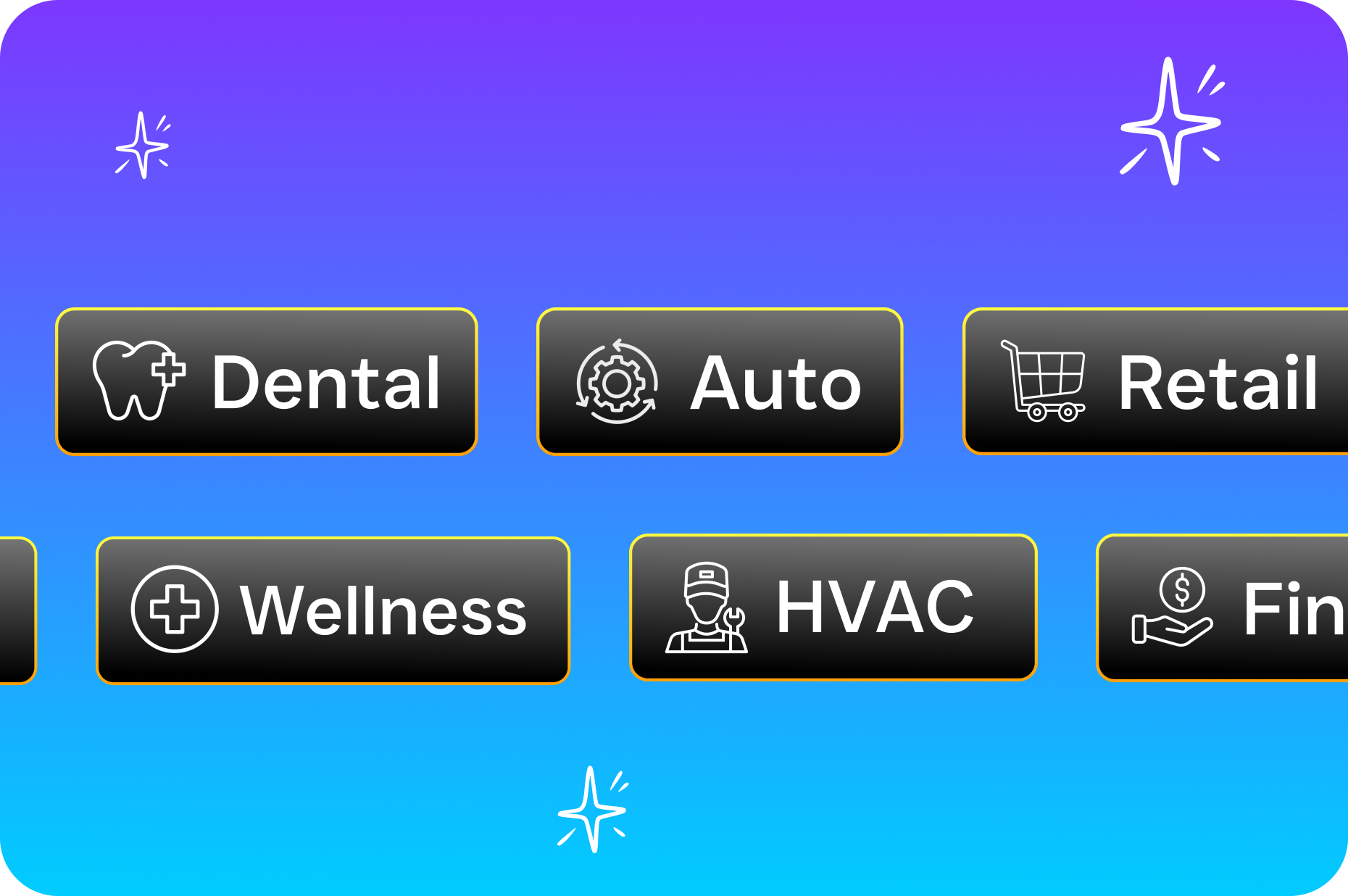 A category panel displays industry tags such as dental, auto, retail, wellness, HVAC, and finance.