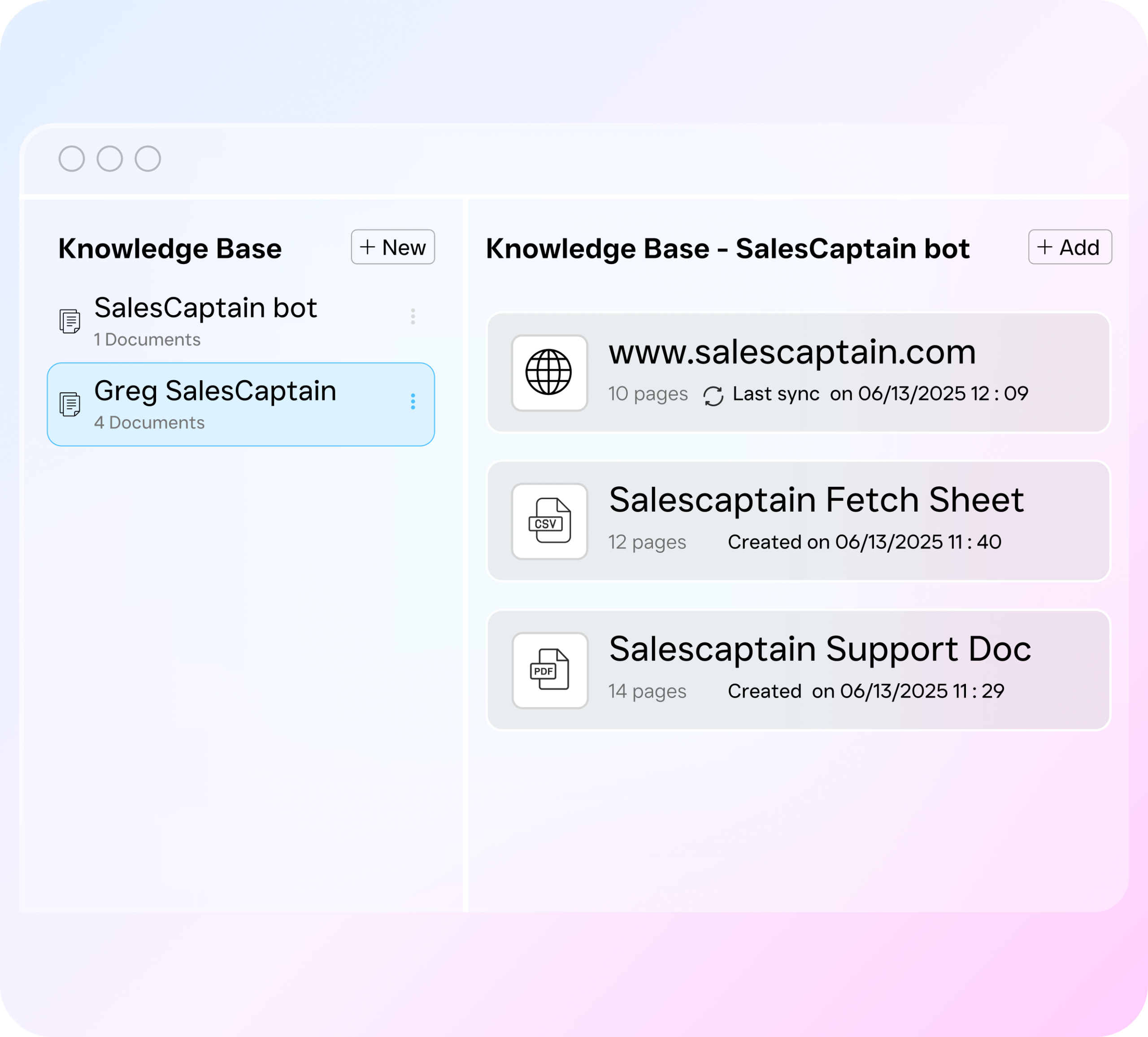 A knowledge base dashboard shows bot collections on the left and linked website, CSV, and PDF sources on the right.