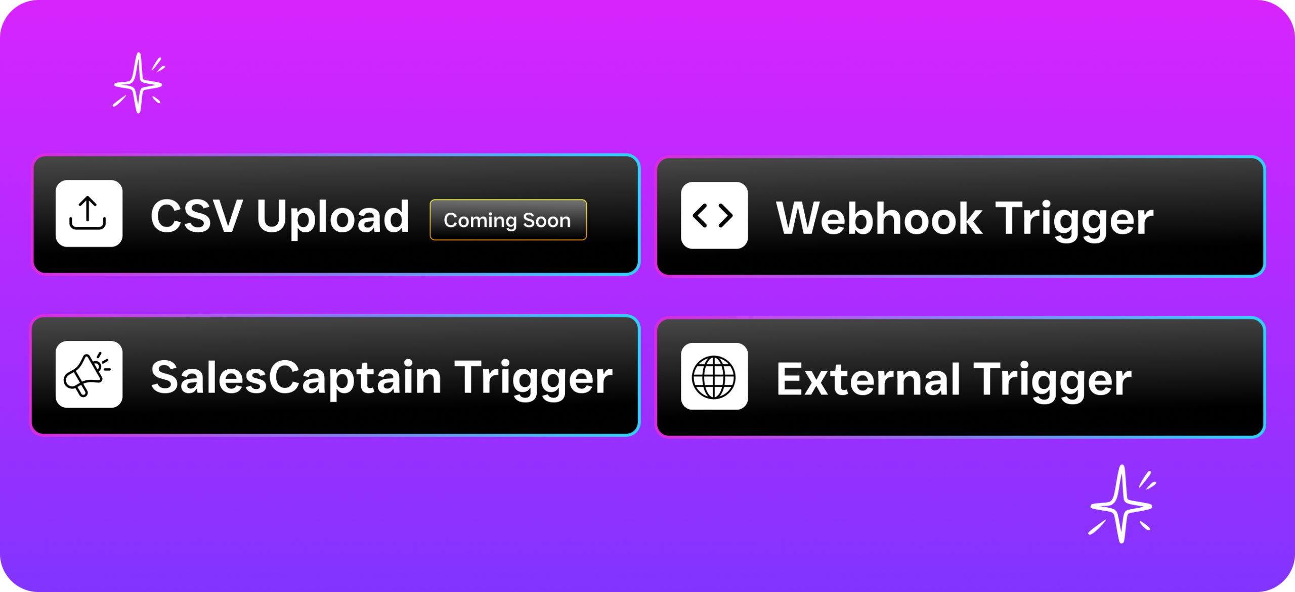 A trigger panel shows different trigger types including CSV upload, webhook, SalesCaptain trigger, and external trigger.