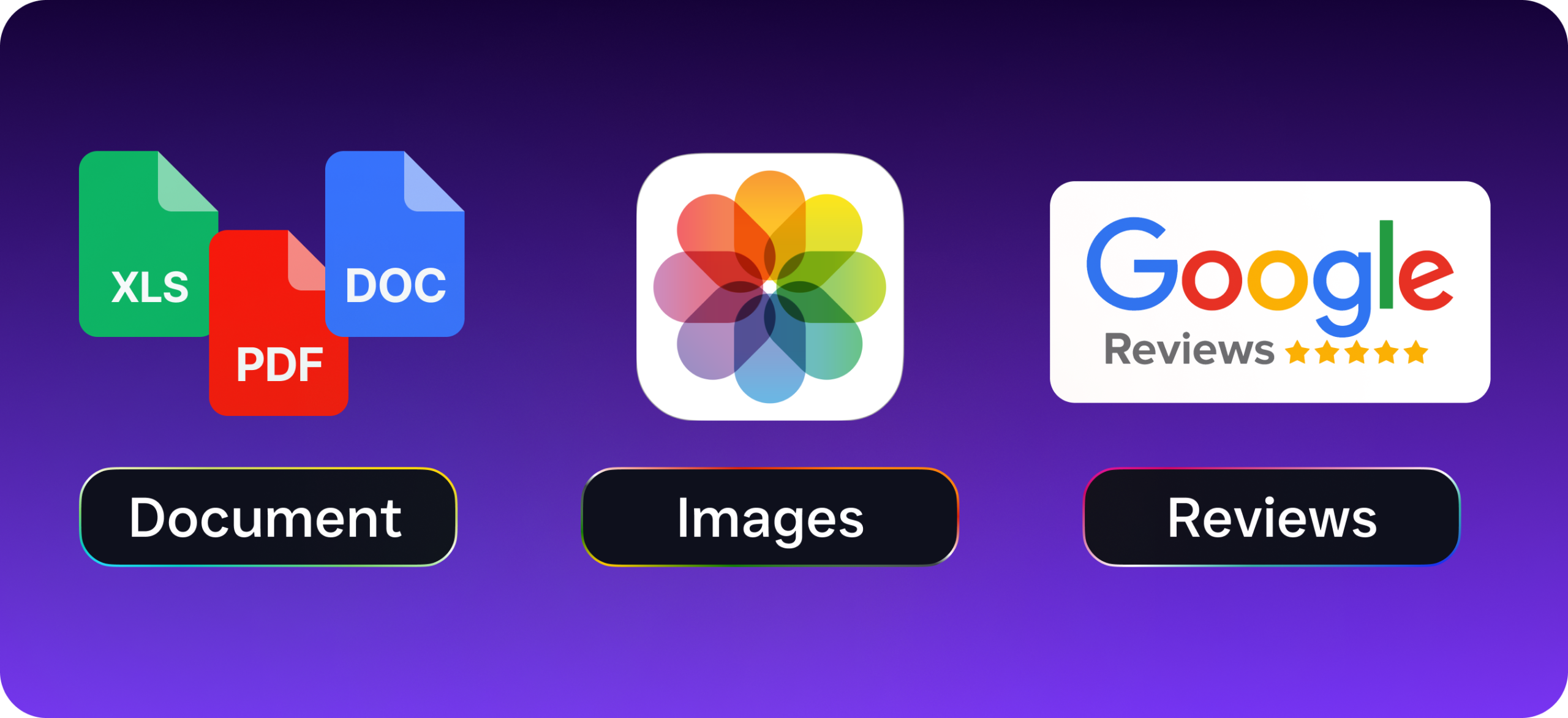 A graphic highlights three supported content categories: documents, images, and reviews.