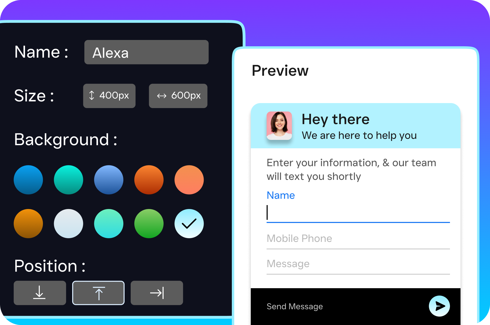 A UI customization screen shows webchat settings on the left and a live preview on the right.